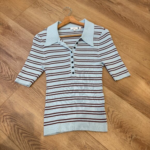 A.L.C. Sydney Polo Top Ice Water/Sequoia Striped Knit – Size XL - Picture 7 of 11